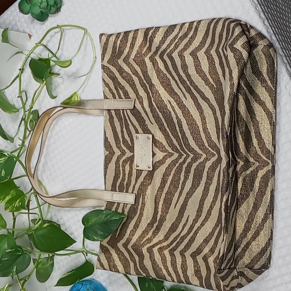 NWOT Michael Kors Metallic Zebra Striped Tote Bag Gold/Brown - Picture 3 of 11